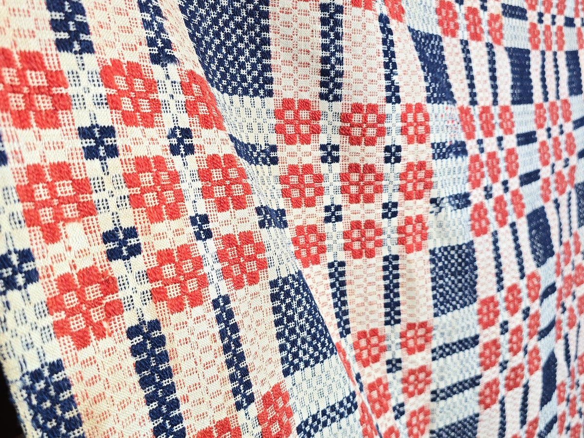 Vintage Red, Blue, and Cream Woven Wool Coverlet with Fringe