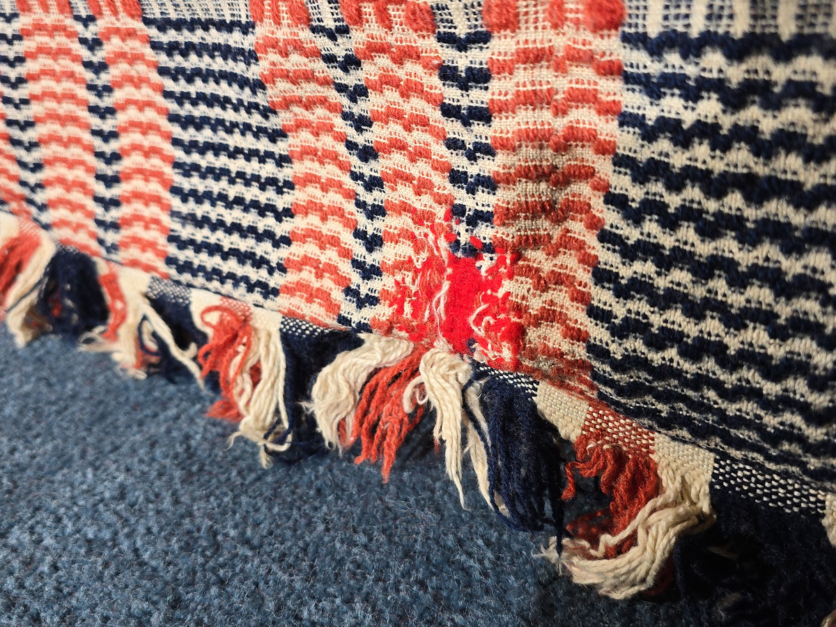 Vintage Red, Blue, and Cream Woven Wool Coverlet with Fringe