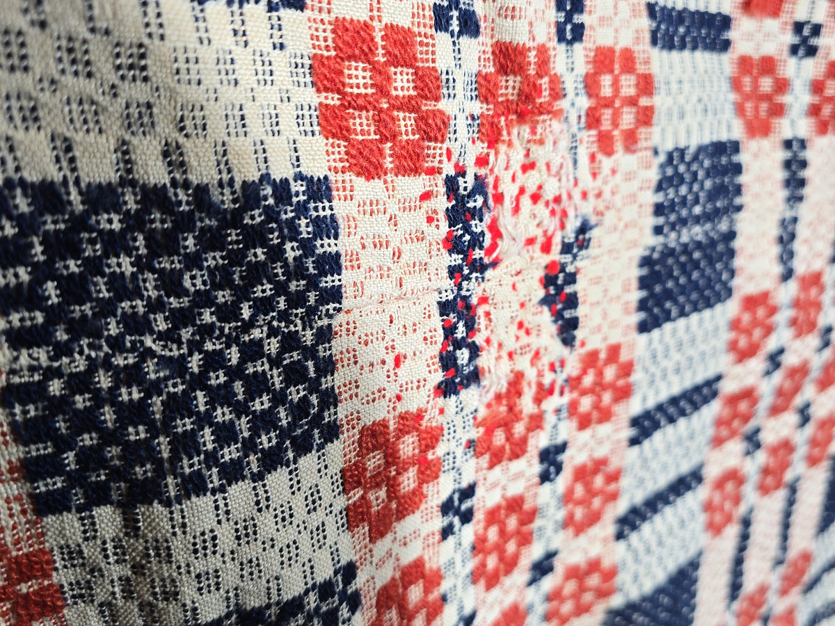 Vintage Red, Blue, and Cream Woven Wool Coverlet with Fringe