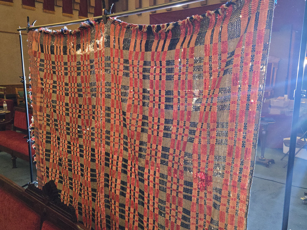 Vintage Red, Blue, and Cream Woven Wool Coverlet with Fringe