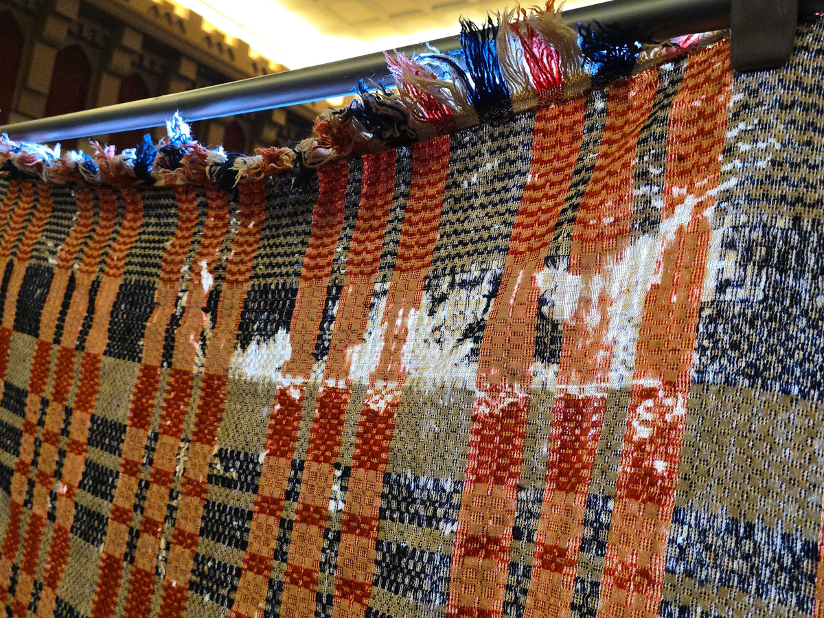 Vintage Red, Blue, and Cream Woven Wool Coverlet with Fringe