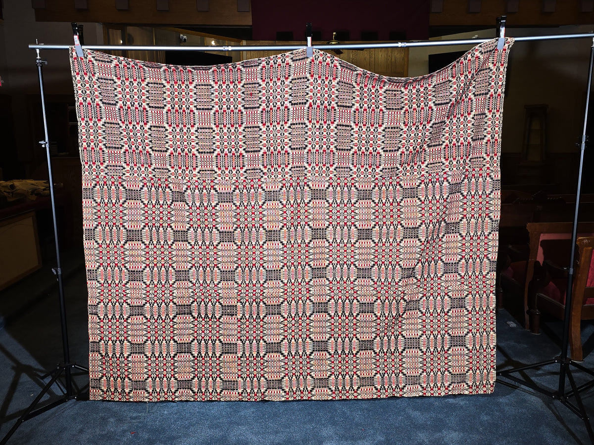 Vintage Red, Navy, and Cream Woven Wool Coverlet