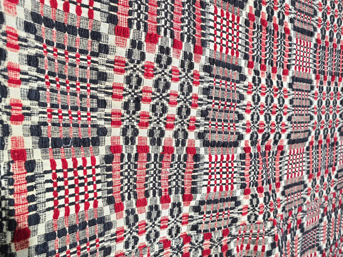 Vintage Red, Navy, and Cream Woven Wool Coverlet