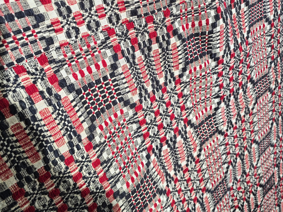 Vintage Red, Navy, and Cream Woven Wool Coverlet