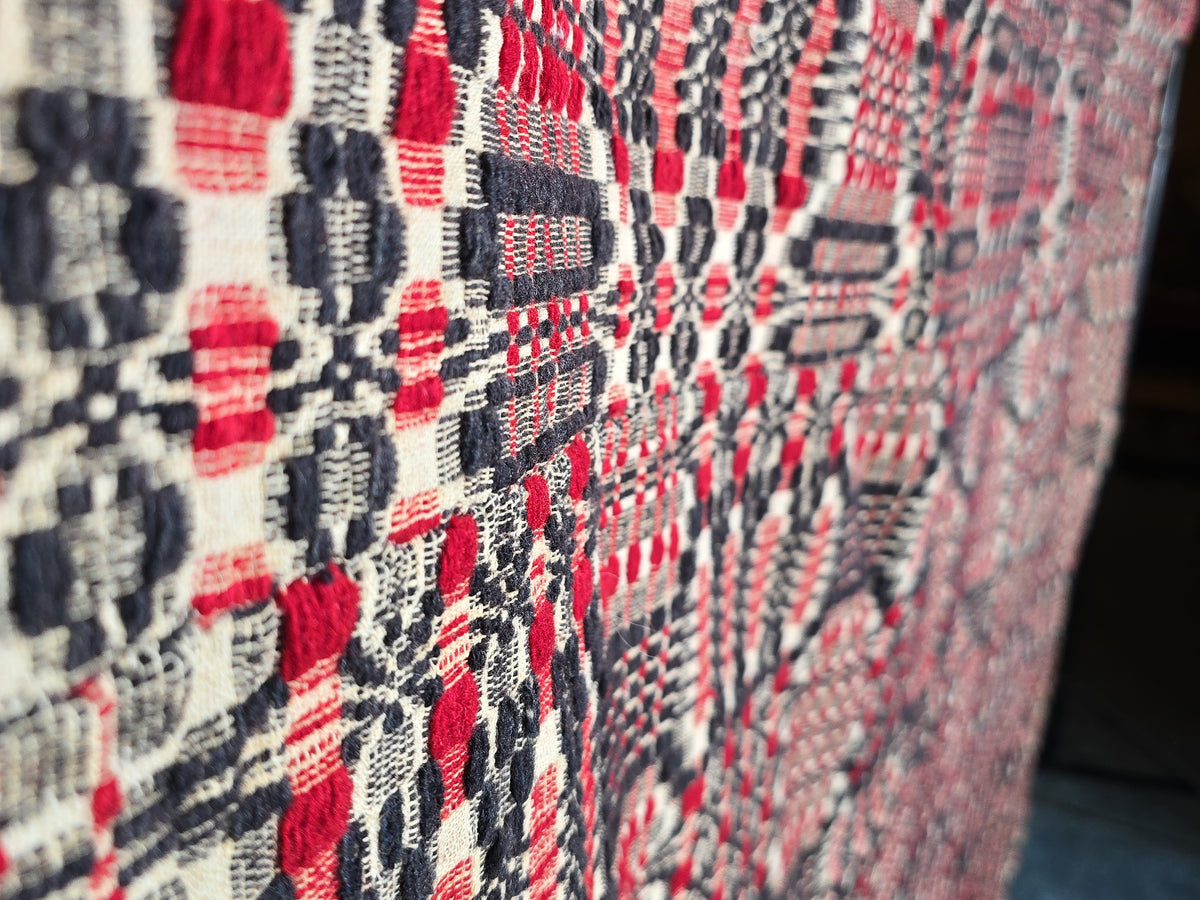 Vintage Red, Navy, and Cream Woven Wool Coverlet