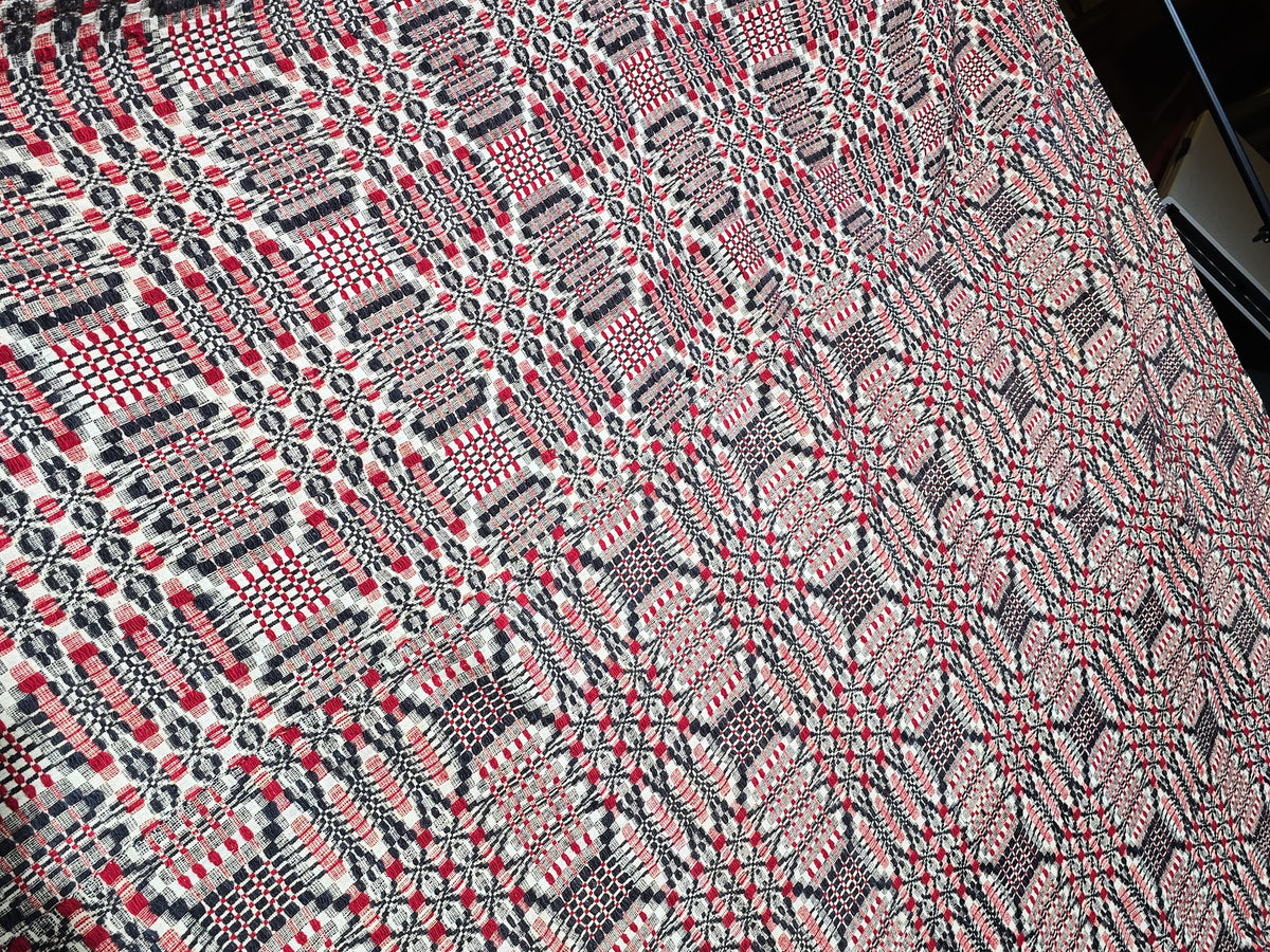 Vintage Red, Navy, and Cream Woven Wool Coverlet