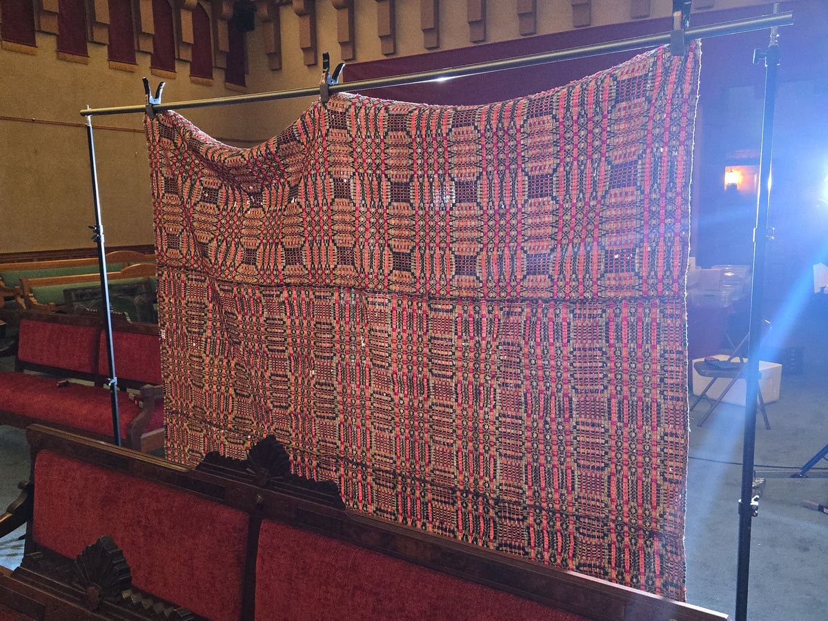 Vintage Red, Navy, and Cream Woven Wool Coverlet