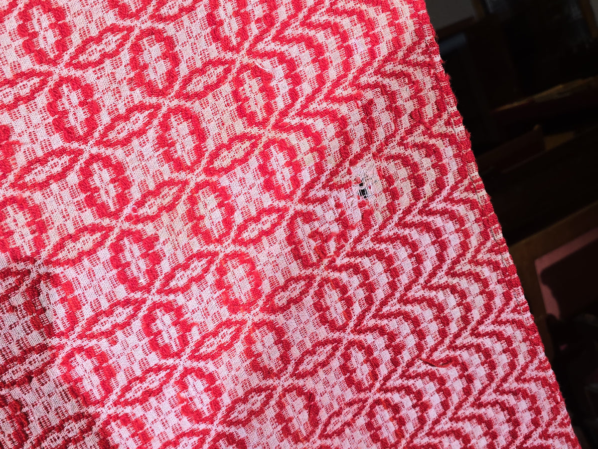 Vintage Red and White Woven Wool Coverlet