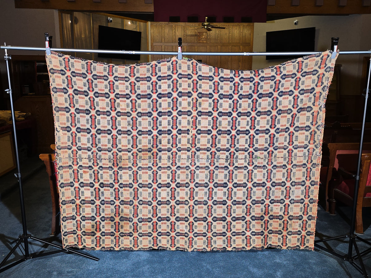 Vintage Woven Wool Coverlet in Red, Navy, and Cream