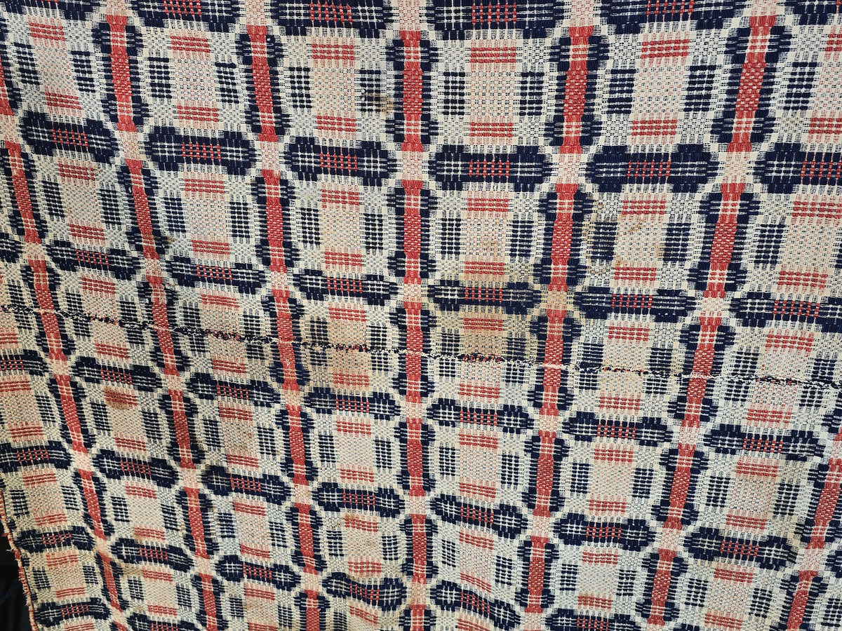 Vintage Woven Wool Coverlet in Red, Navy, and Cream