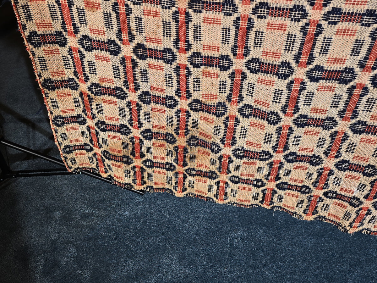 Vintage Woven Wool Coverlet in Red, Navy, and Cream