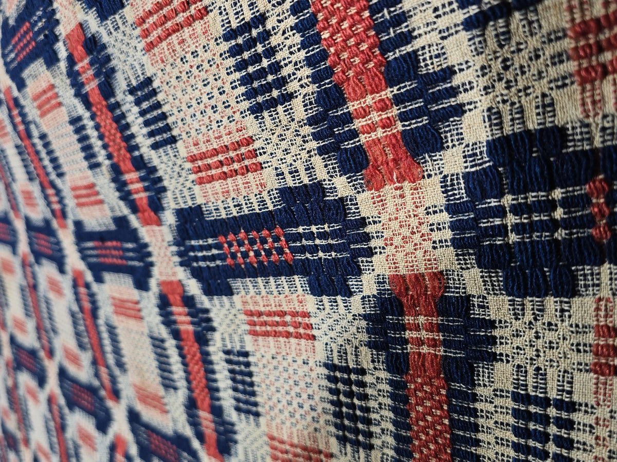 Vintage Woven Wool Coverlet in Red, Navy, and Cream