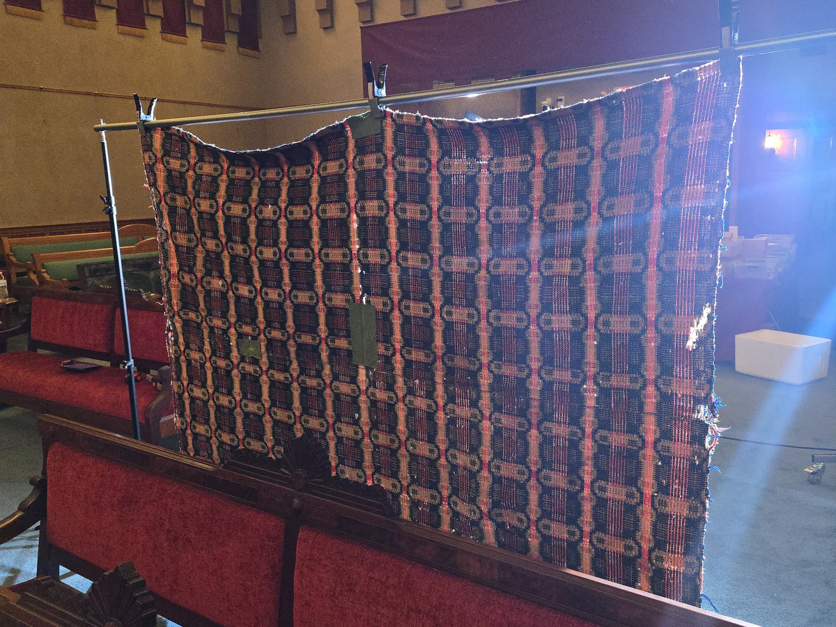 Vintage Woven Wool Coverlet in Red, Navy, and Cream