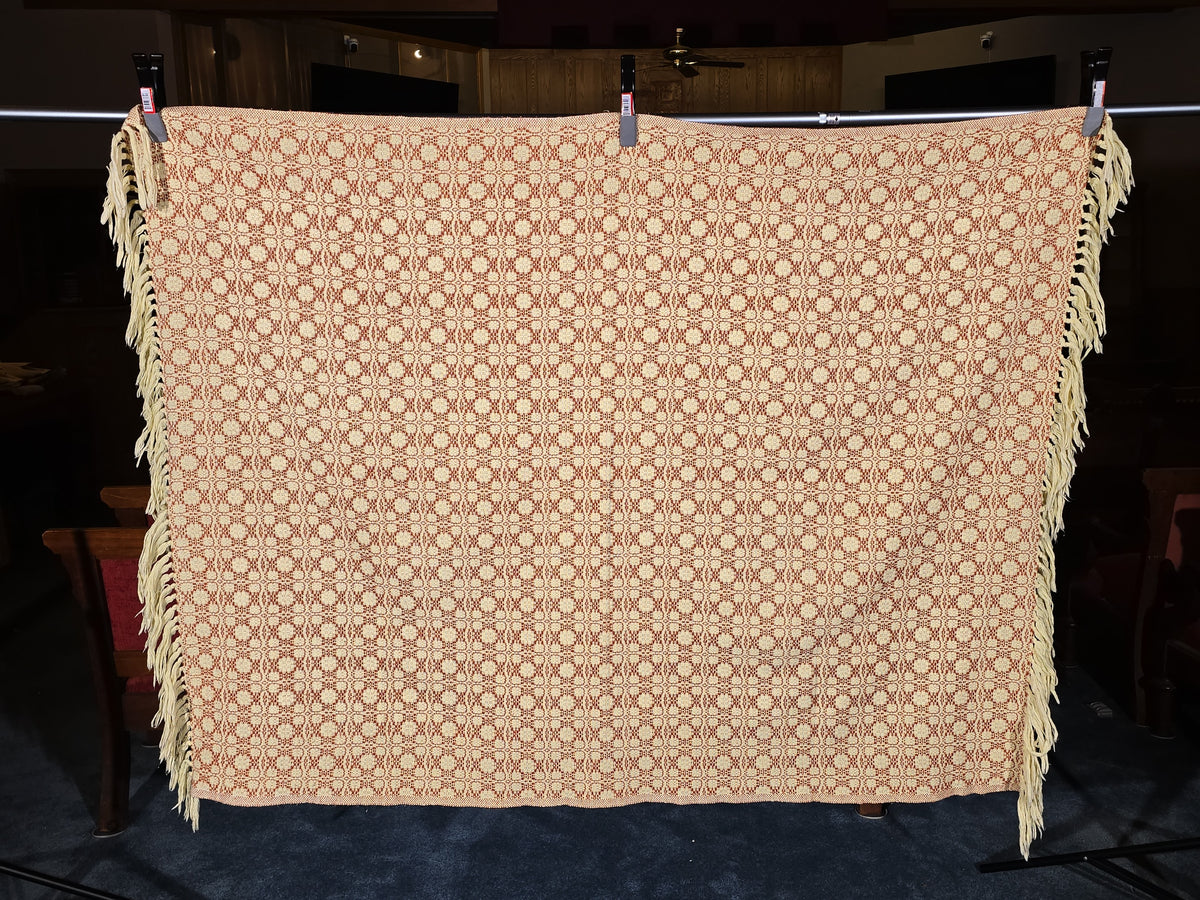 Vintage Red and Cream Woven Wool Coverlet with Fringe