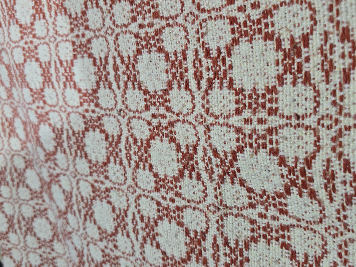 Vintage Red and Cream Woven Wool Coverlet with Fringe