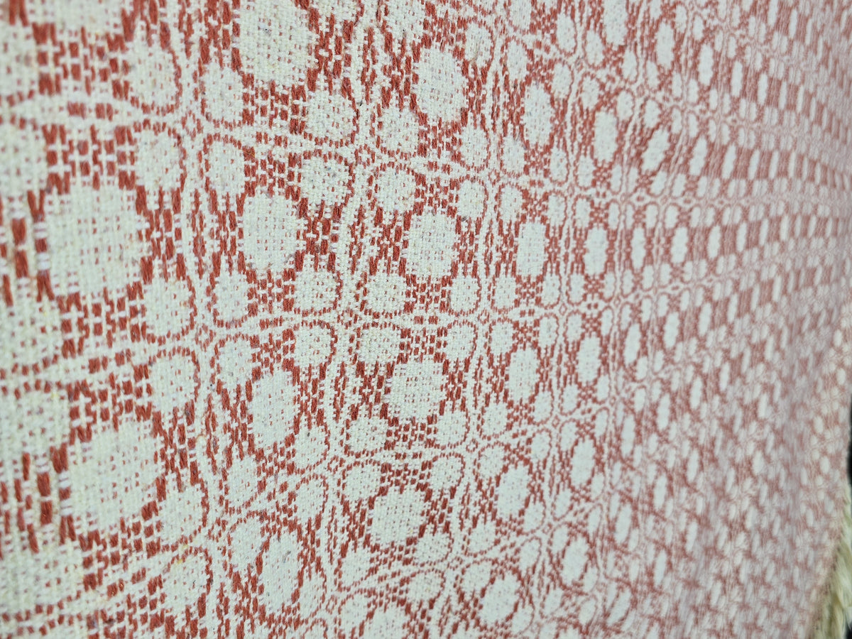 Vintage Red and Cream Woven Wool Coverlet with Fringe