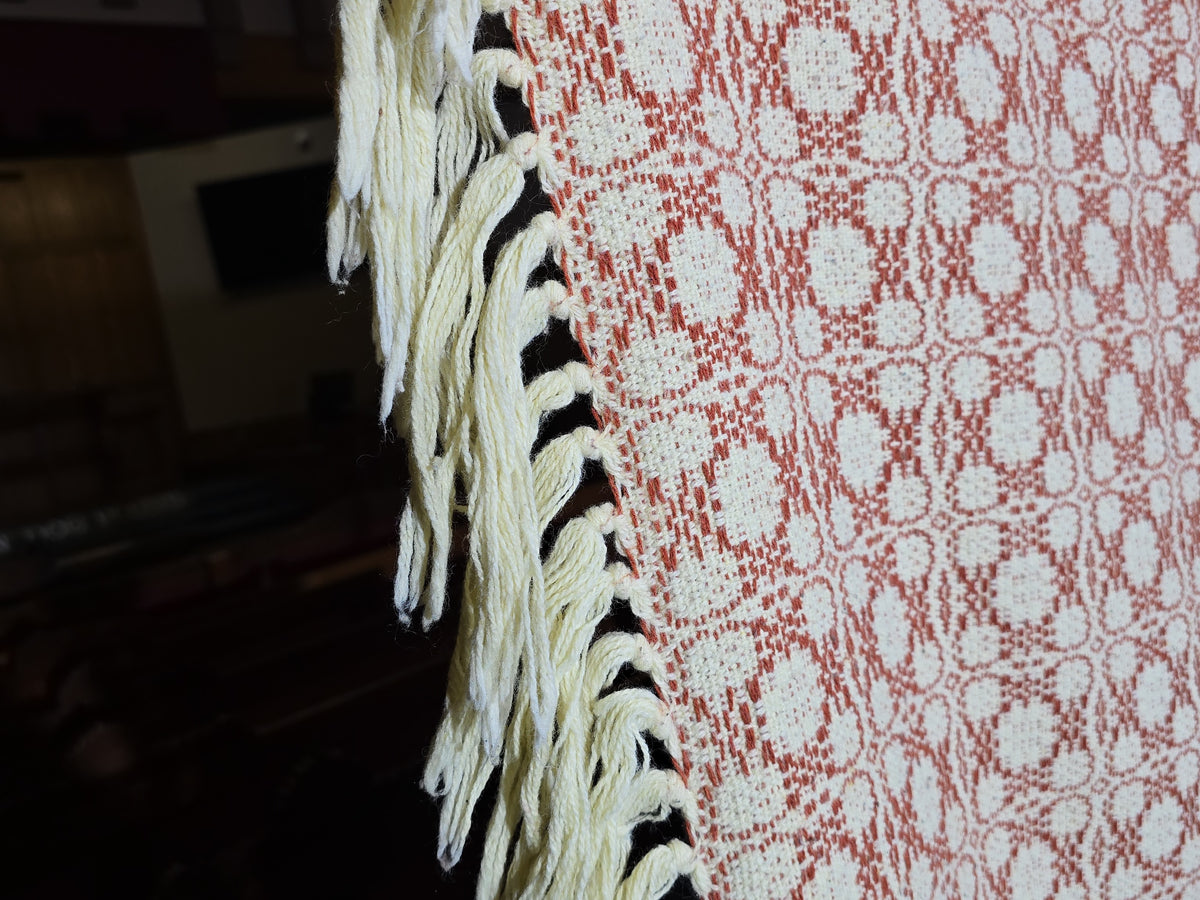 Vintage Red and Cream Woven Wool Coverlet with Fringe