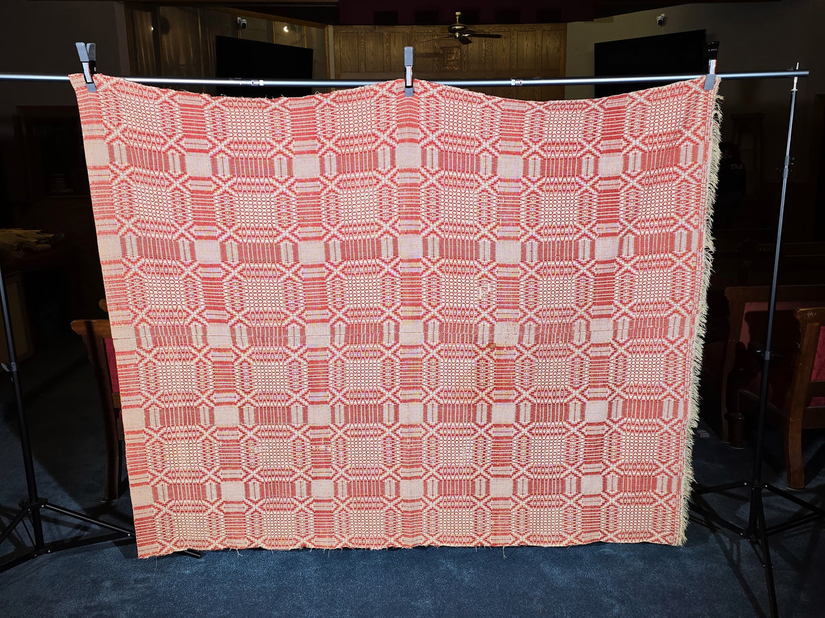 Vintage Red and Cream Woven Wool Coverlet with Fringe