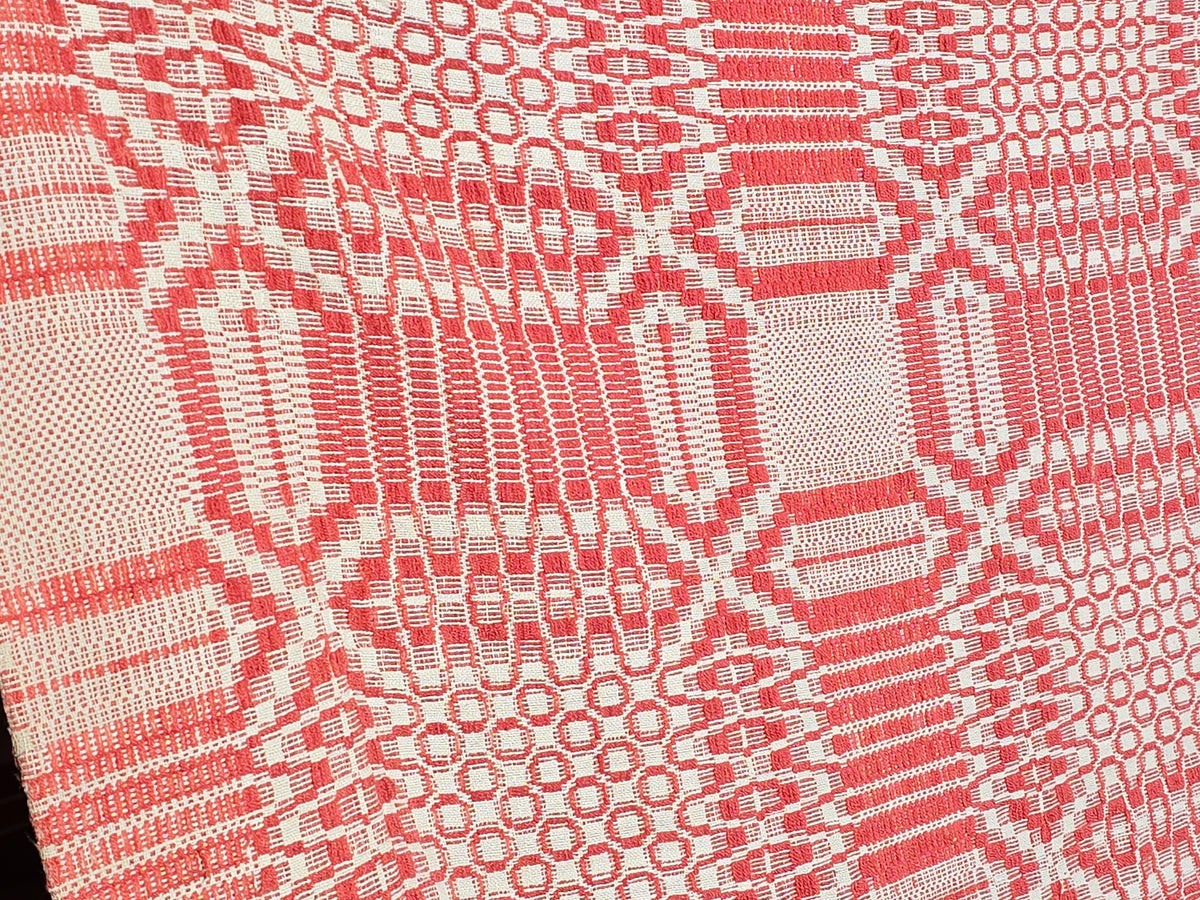 Vintage Red and Cream Woven Wool Coverlet with Fringe
