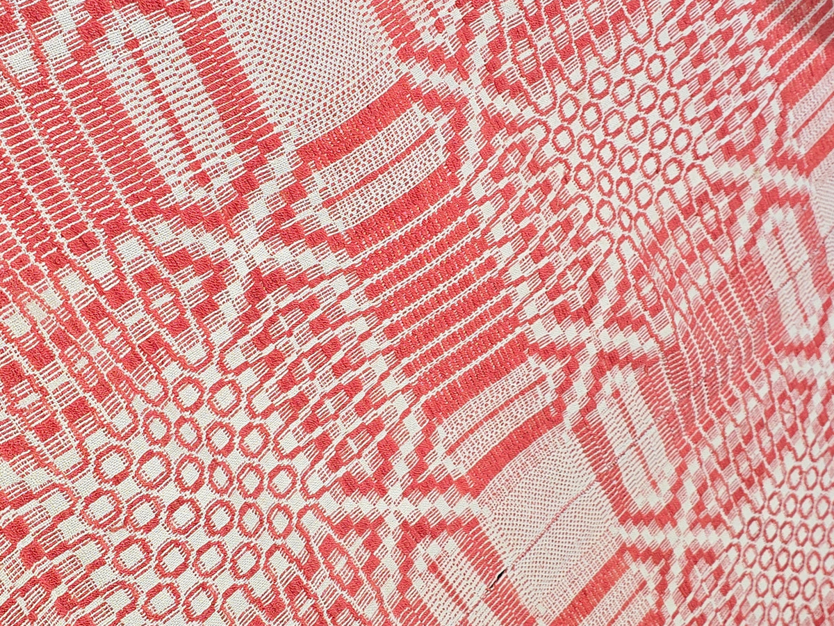 Vintage Red and Cream Woven Wool Coverlet with Fringe