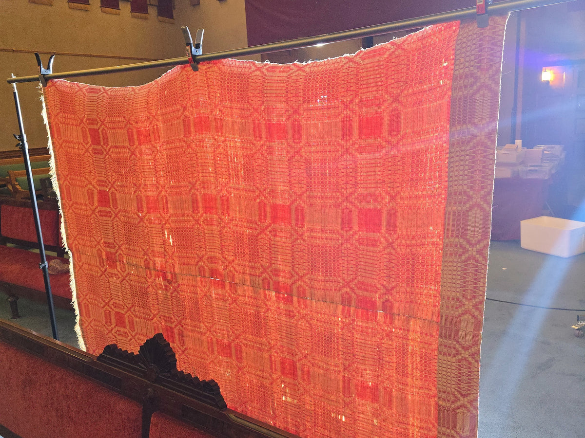 Vintage Red and Cream Woven Wool Coverlet with Fringe