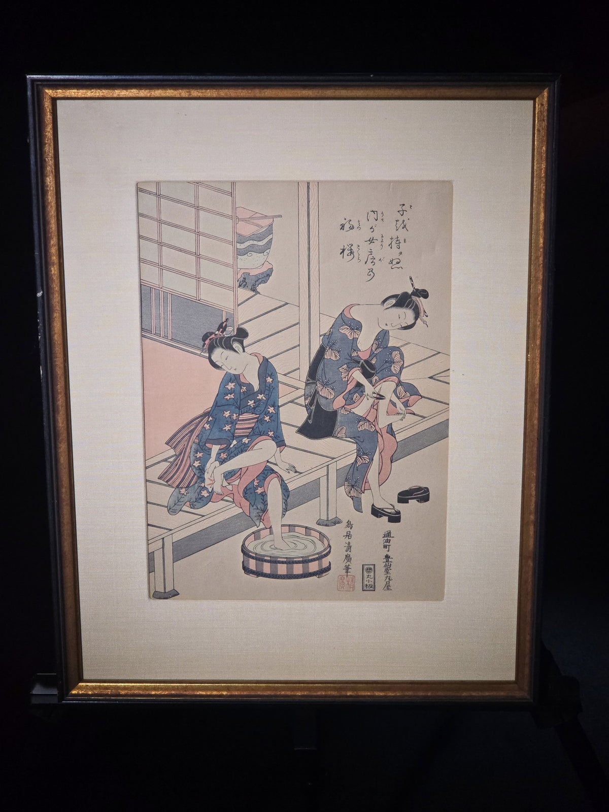 Vintage Framed Japanese Woodblock Print of Two Women, After Torii Kiyohiro