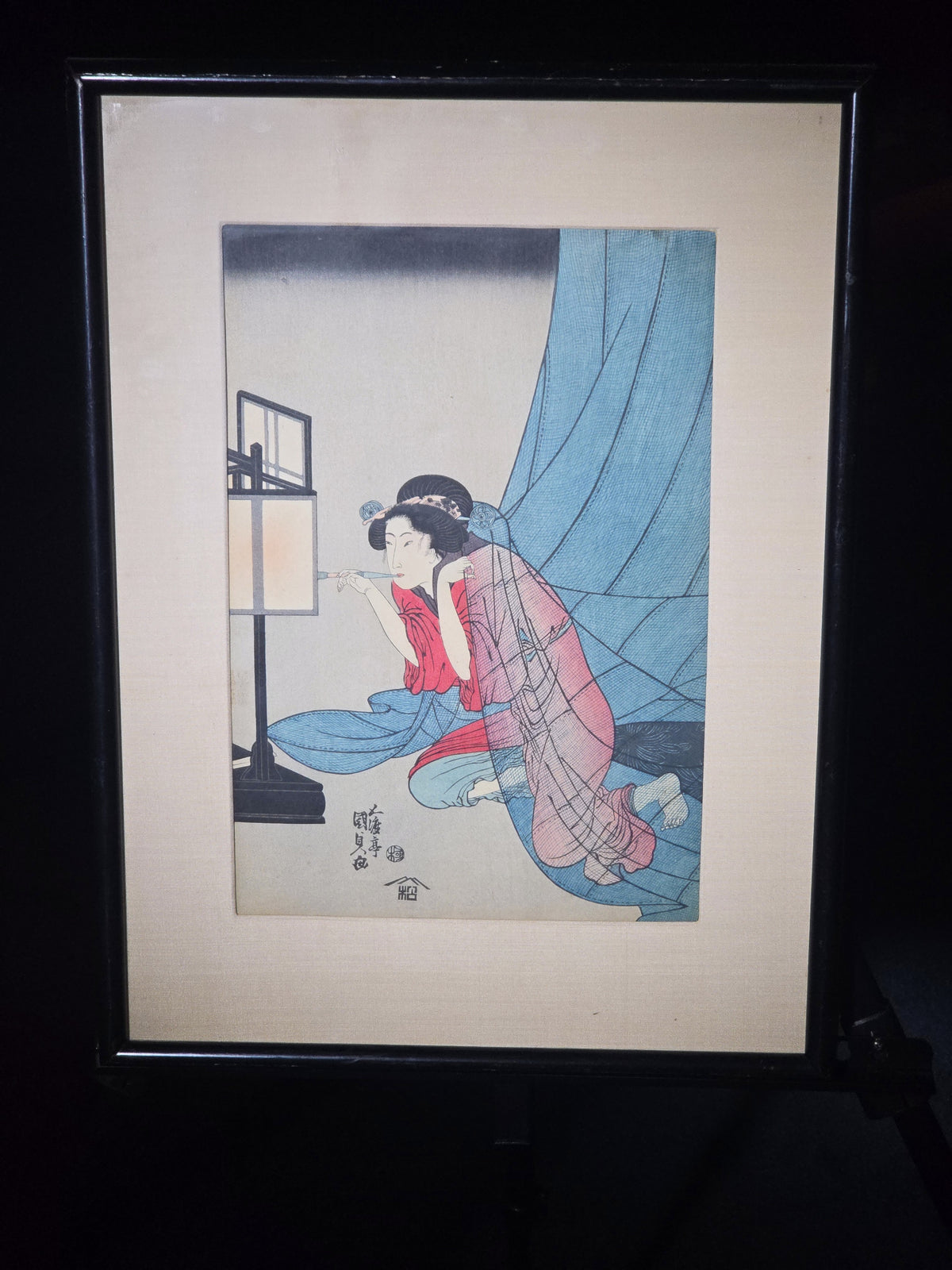 Vintage Framed Japanese Woodblock Print of a Woman with Lantern, Signed Kunisada