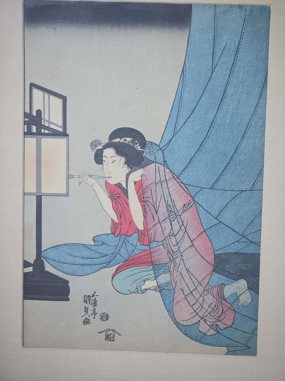 Vintage Framed Japanese Woodblock Print of a Woman with Lantern, Signed Kunisada