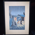 Lot 044 - Vintage Framed Japanese Woodblock Print, Night Rain Scene with Shop and Lantern, 14-3/4" W x 20-1/4" H