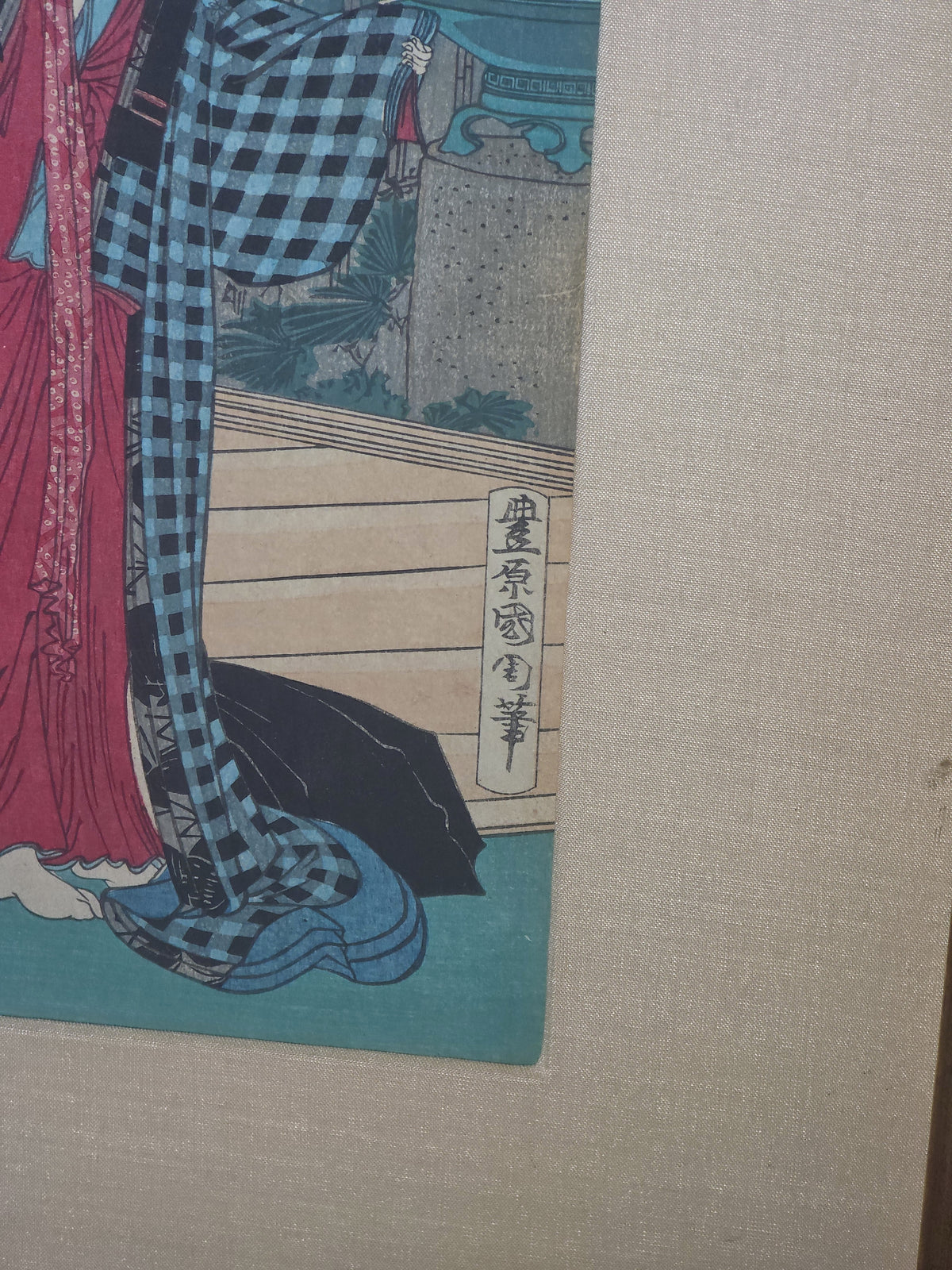 Antique Framed Japanese Woodblock Print from the "Kaika Sanjuroku Kaiseki" Series, Toyohara Kunichika