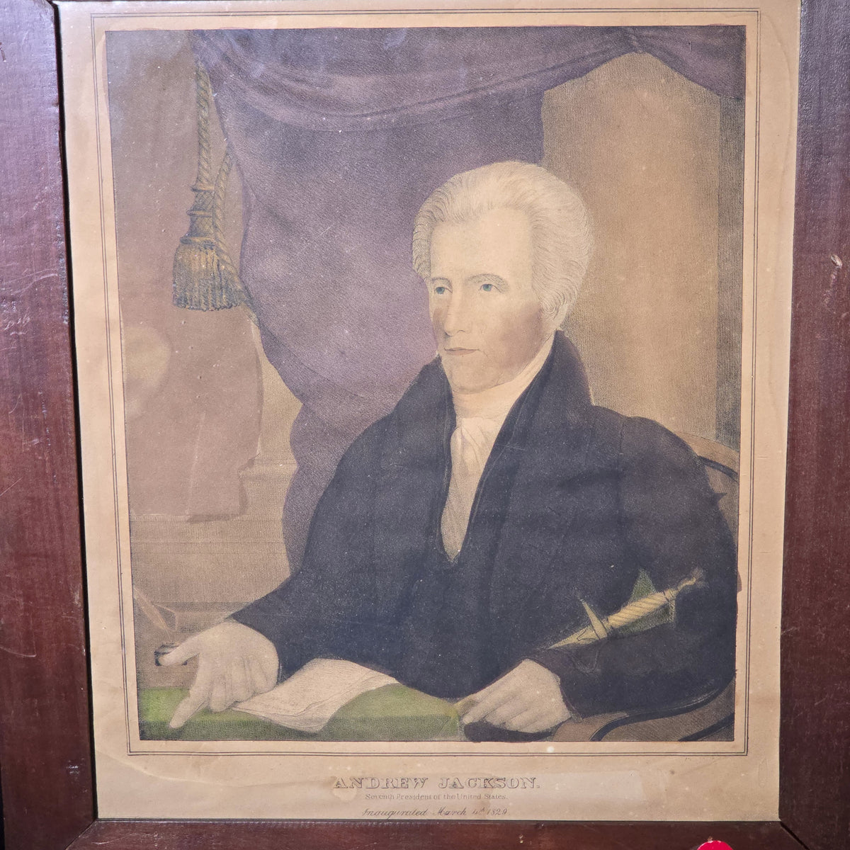 Antique Hand-Colored Lithograph Print of Andrew Jackson, Seventh President of the United States, Inaugurated March 4th 1829, Published by Kellogg & Co.