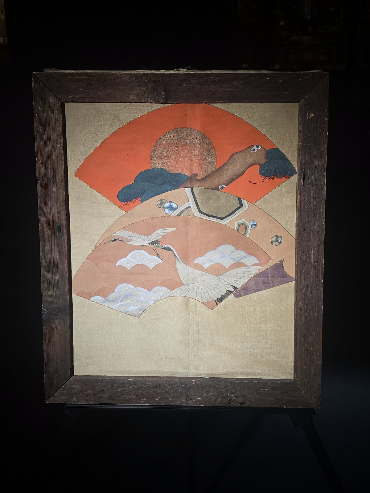 Antique Framed Japanese Painted Silk Fan Compositions with Cranes and Trees