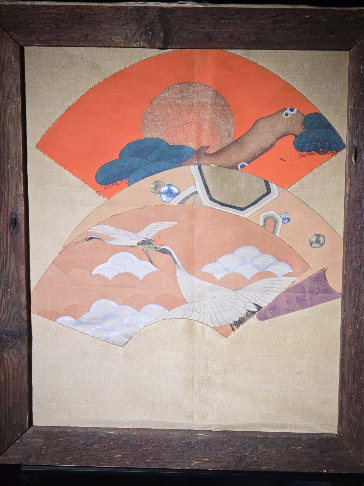 Antique Framed Japanese Painted Silk Fan Compositions with Cranes and Trees