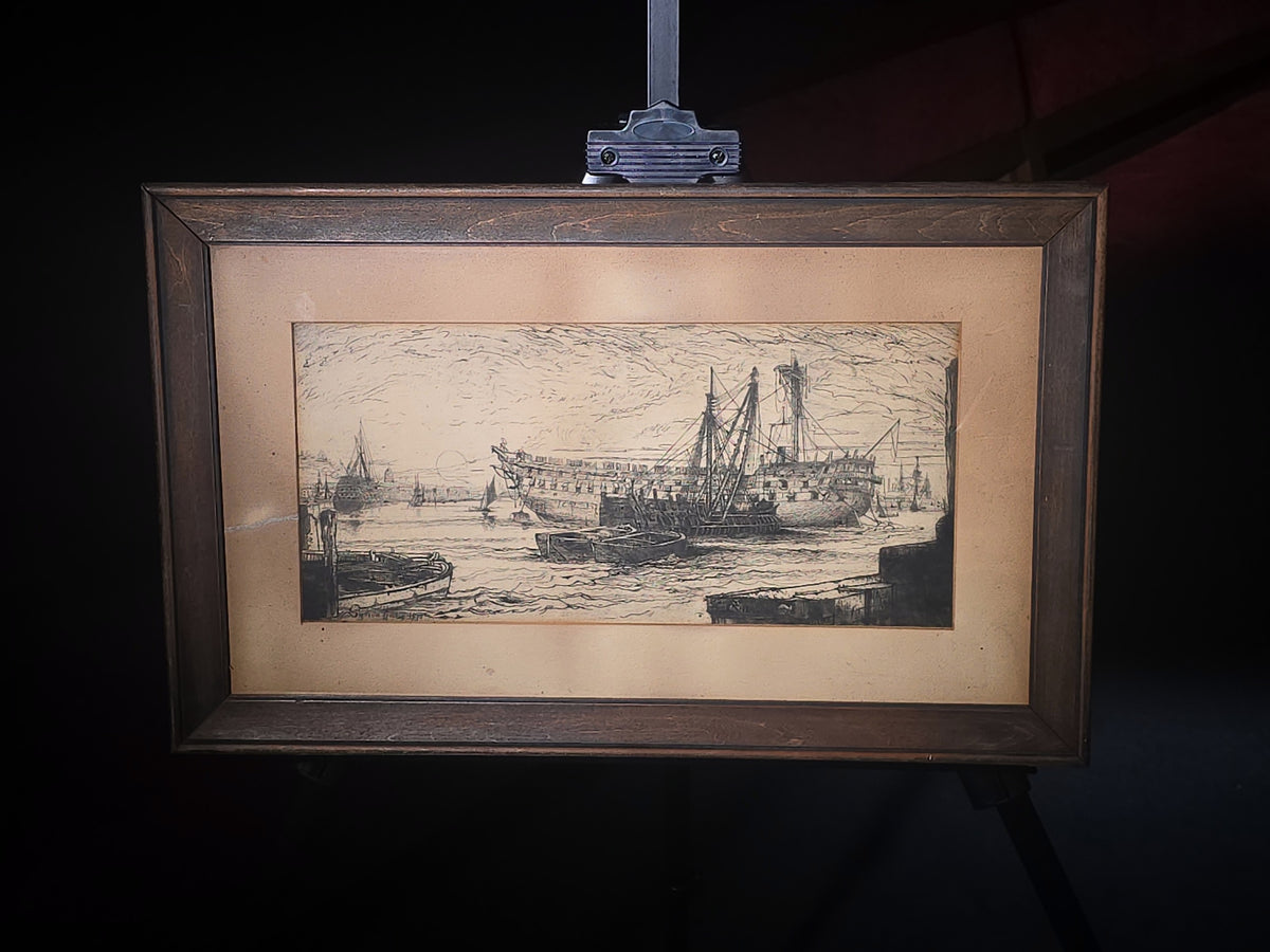 Antique Framed Etching, "Breaking Up of The Agamemnon," by Francis Seymour Haden, 1870