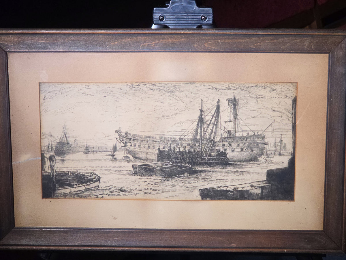 Antique Framed Etching, "Breaking Up of The Agamemnon," by Francis Seymour Haden, 1870
