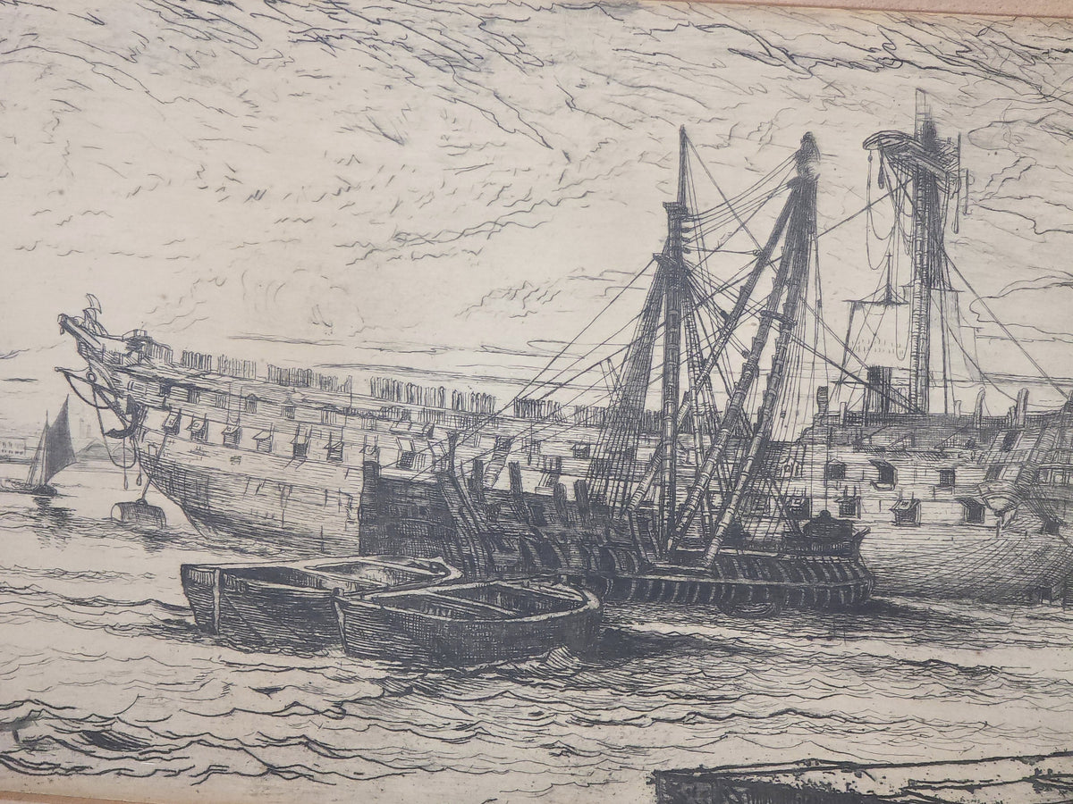 Antique Framed Etching, "Breaking Up of The Agamemnon," by Francis Seymour Haden, 1870