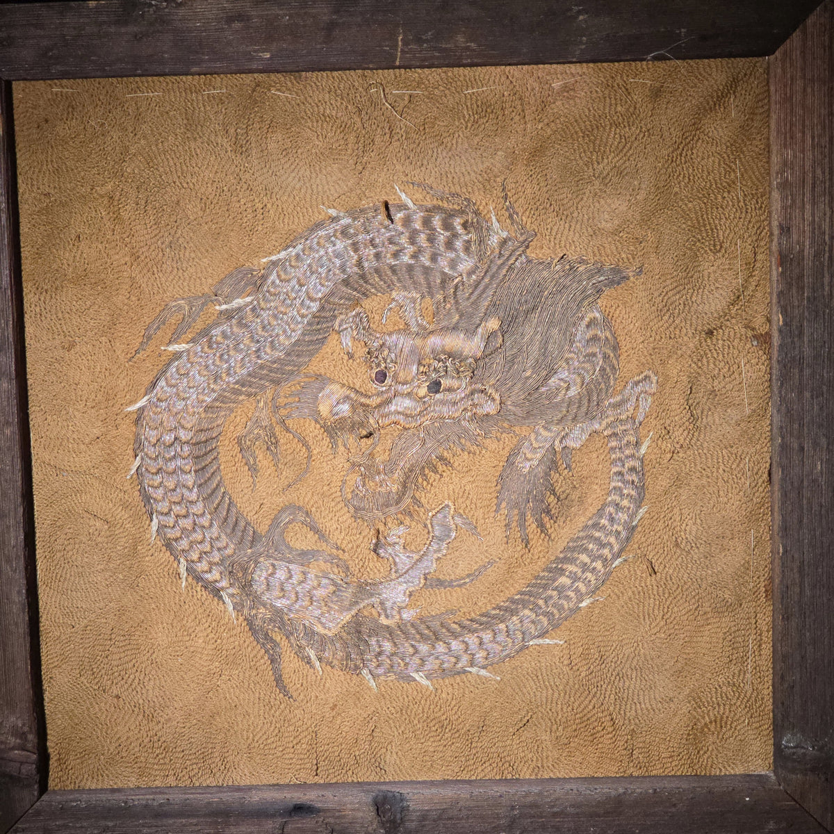 Antique Framed Japanese Embroidered Silk Dragon Textile