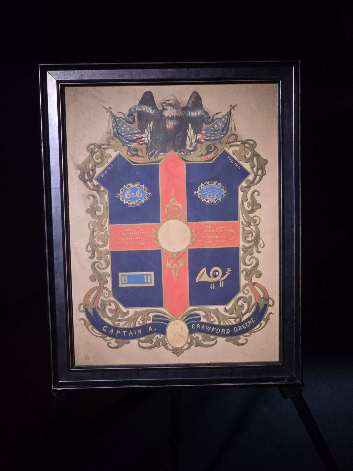 Antique Civil War Service Record Chromolithograph Print for Captain A. Crawford Greene, Co. G, 10th Rhode Island Volunteer Infantry, Department of Washington, Army of Virginia, Published by Forbes & Co. Lith., Boston