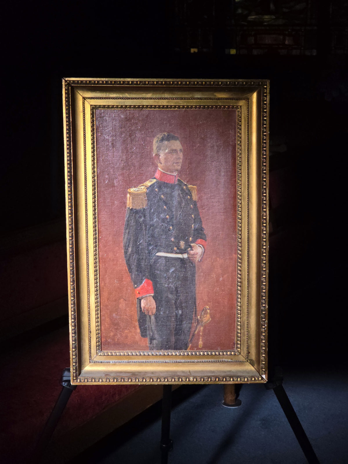 Antique Oil Painting on Canvas, Portrait of a Military Officer with Sword, Signed Christian Mølsted, 1918