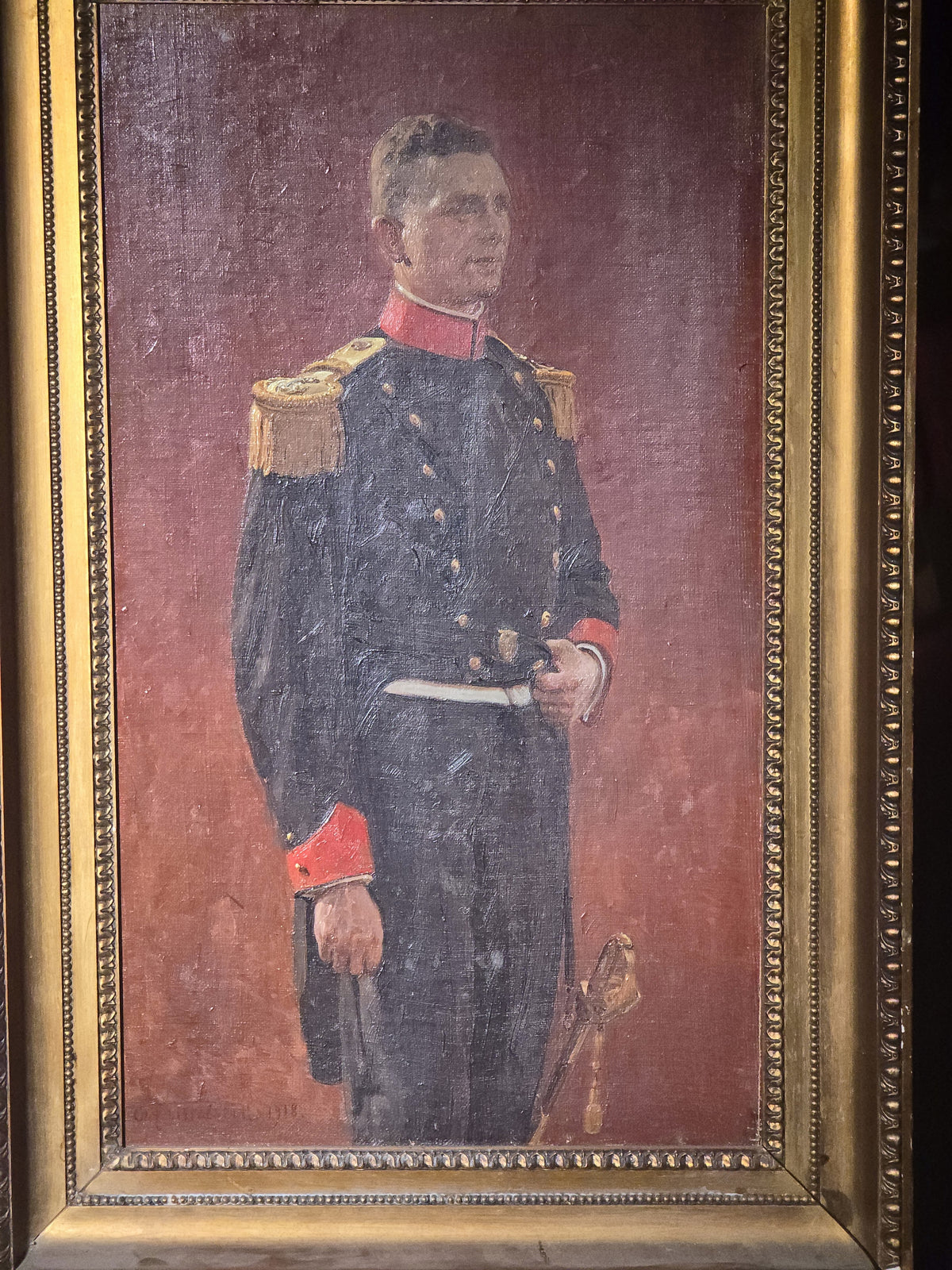Antique Oil Painting on Canvas, Portrait of a Military Officer with Sword, Signed Christian Mølsted, 1918