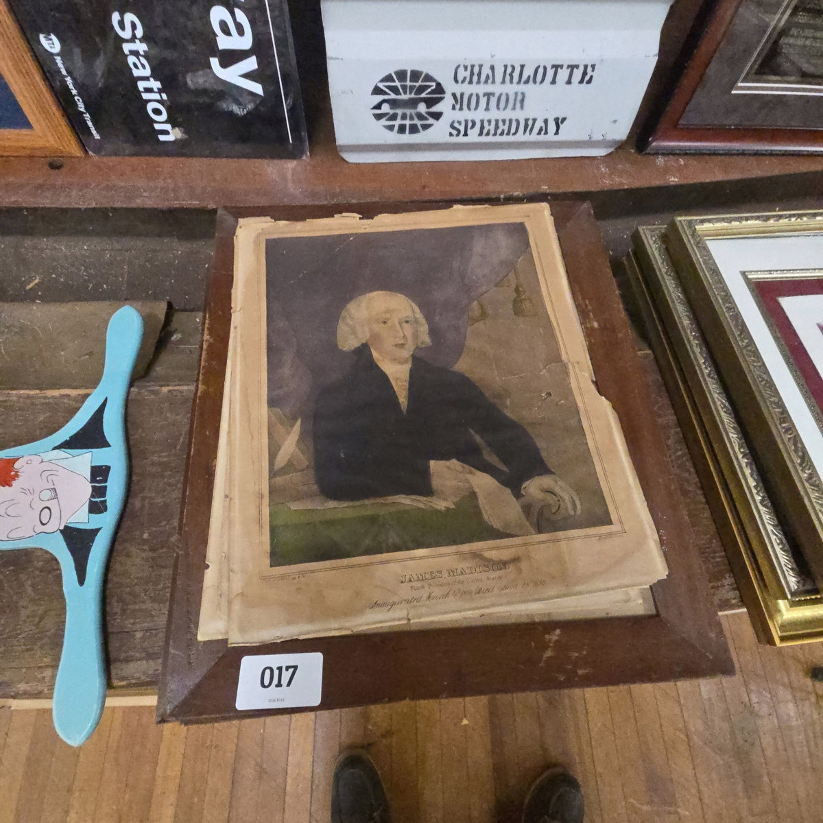 grouping of antique presidential hand colored lithographs with partial frames including James Madison, Martin Van Buren, John Quincy Adams, and more