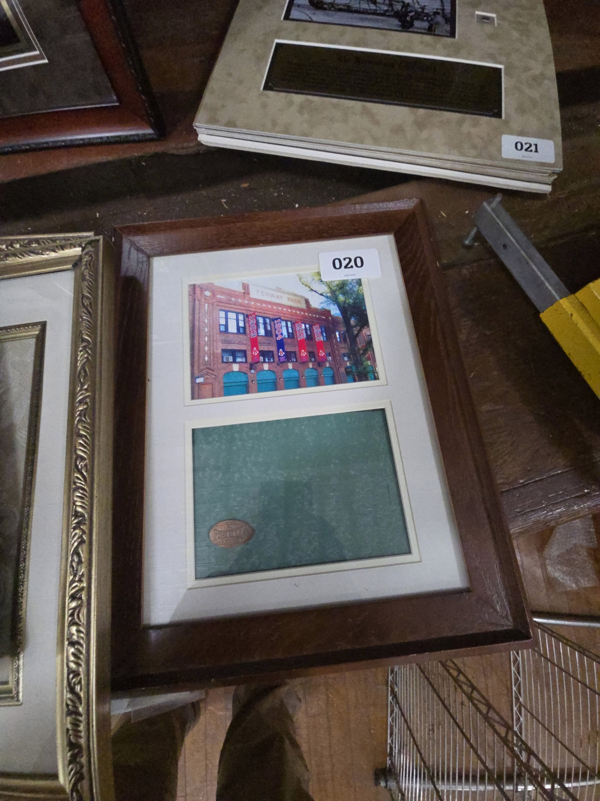 pair of Fenway Park collectible frames with section of 406 Club facade and pressed pennies