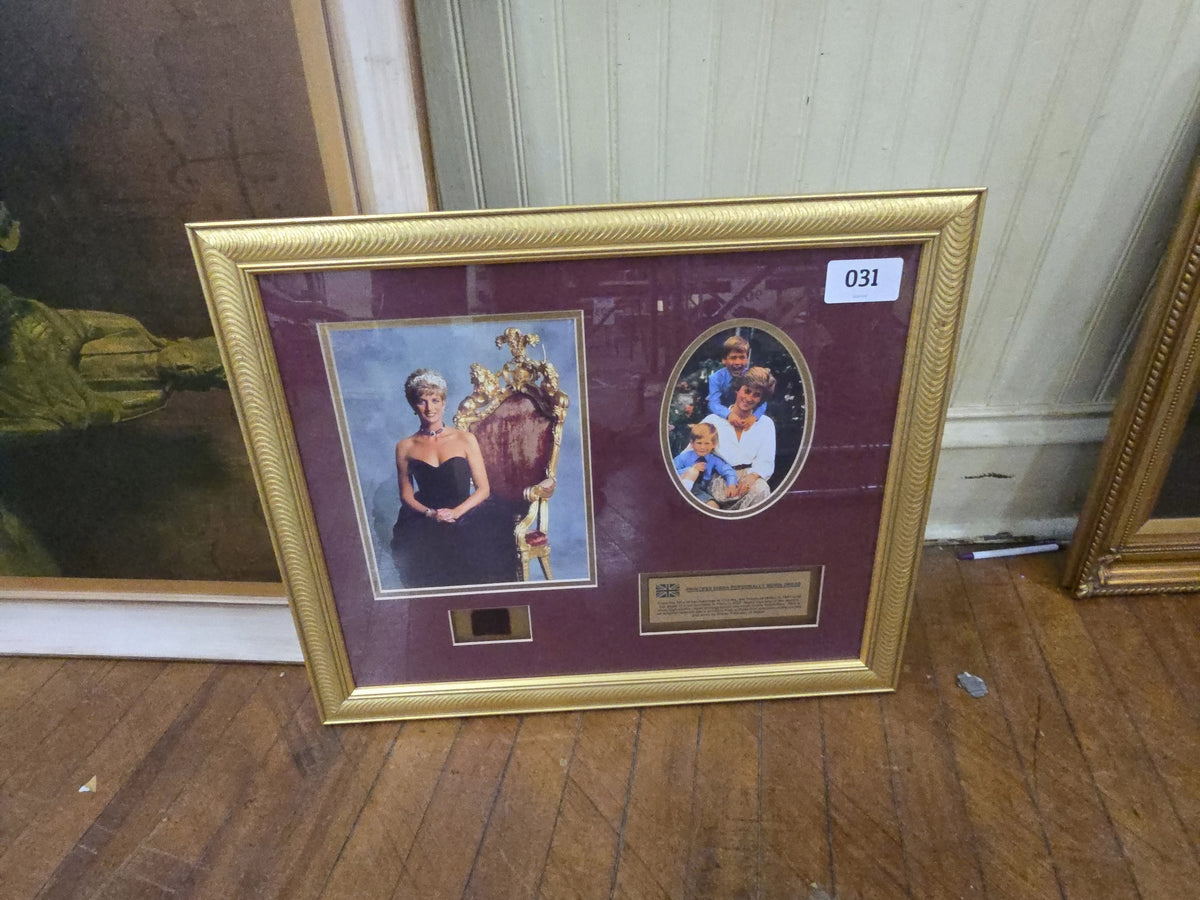 commemorative Princess Diana assemblage with photos and Swatch of purported personally worn dress