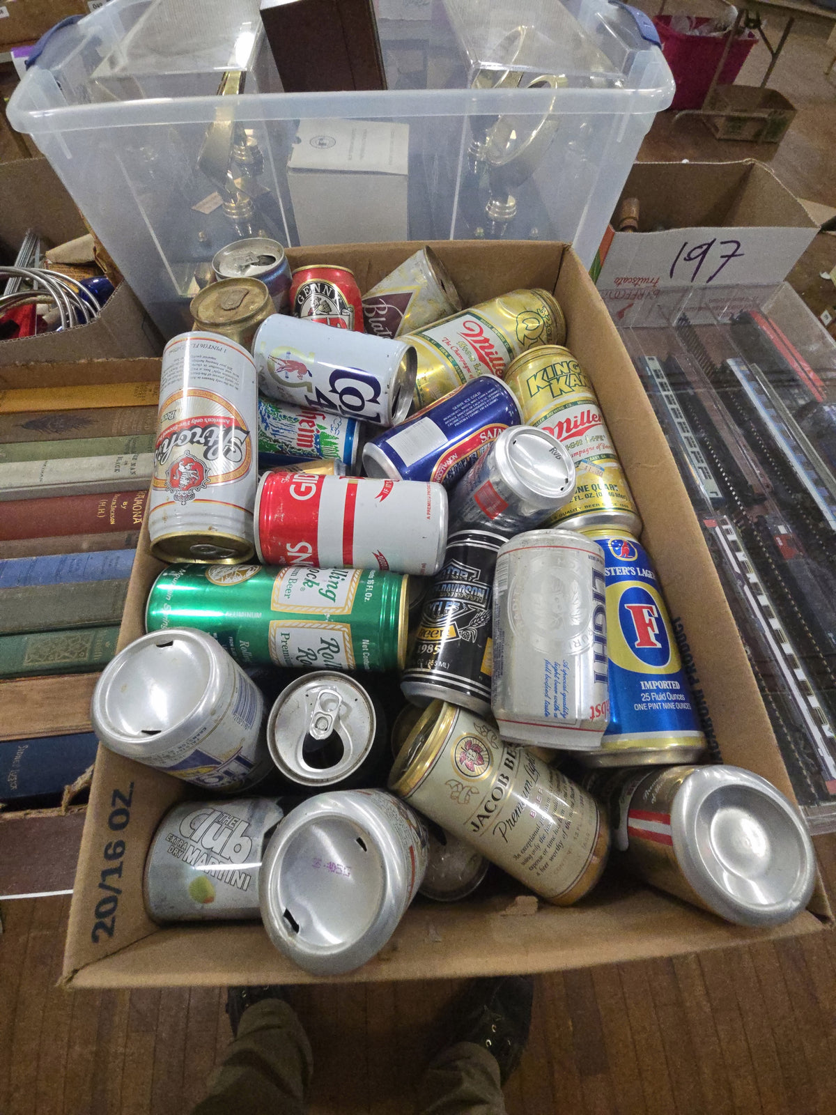 box lot of vintage beer cans