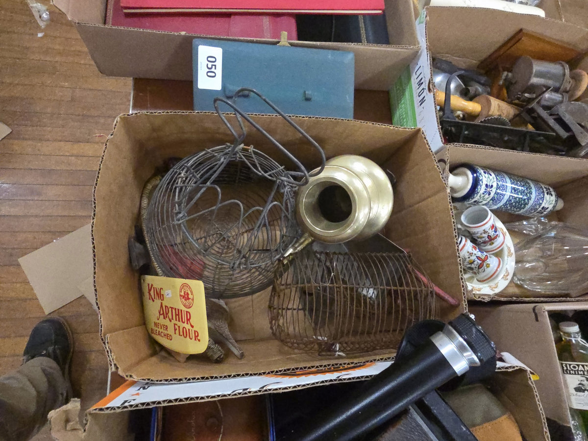 box lot with wire Mouse traps, King Arthur flour advertisement, and more
