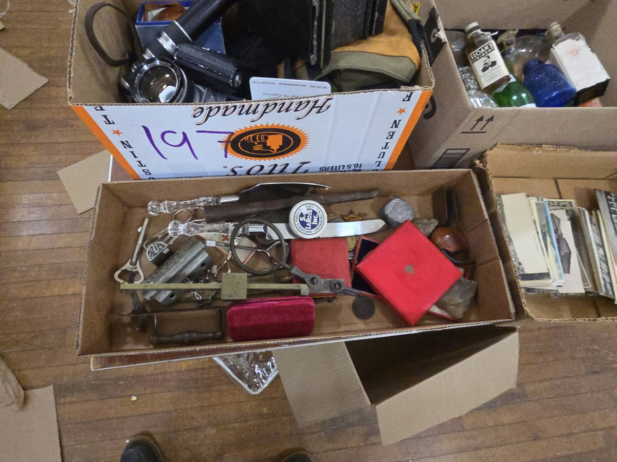 box lot with commemorative coins, miscellaneous smalls, and more