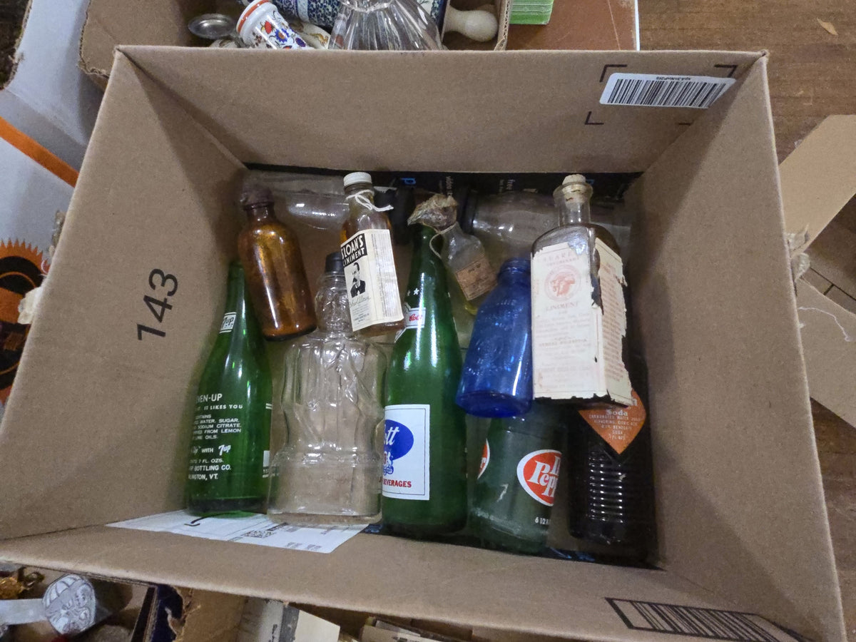 box lot of antique and vintage bottles including Dr pepper, crush, and apothecary