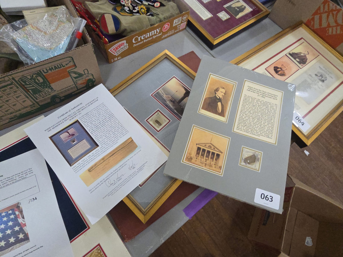 grouping of items from the Confederate States of America including wood Salvage from the CSS Virginia and fabric from the chair of President Jefferson Davis along with document