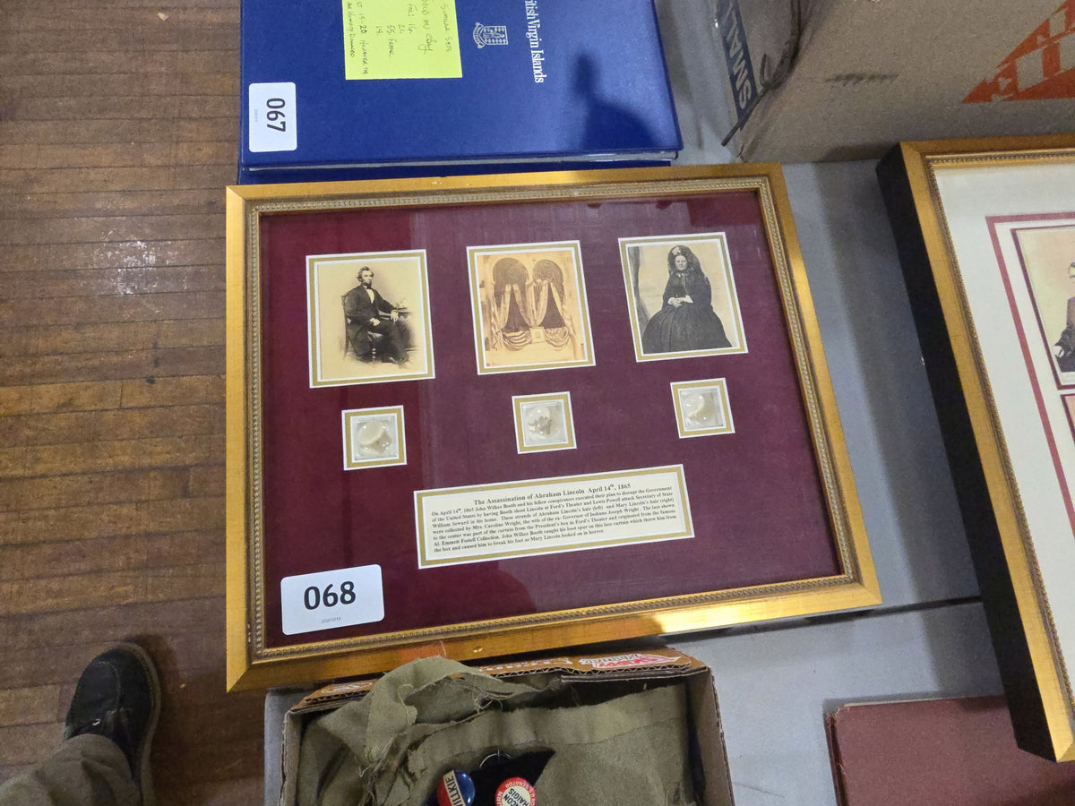 assemblage with reprinted photographs of Abraham and Mary Todd Lincoln with Collectibles related to the assassination