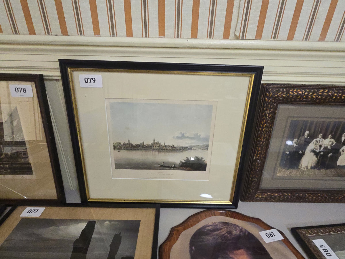 antique framed print of mentz, from the influx of the maine into the Rhine